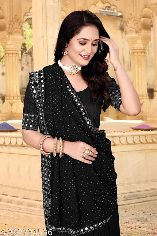 Black Georgette QUEEN Saree with Bangalori Silk blouse, embellished and mirrored border for wedding and party wear, India origin