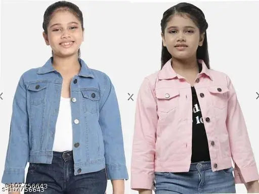 Blue denim jackets & coats pack of 2 for girls - self-design, long sleeves, two pieces with sizes for 5-6, 7-8, 9-10, and 11-12 years. Indian-made