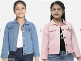 Blue denim jackets & coats pack of 2 for girls - self-design, long sleeves, two pieces with sizes for 5-6, 7-8, 9-10, and 11-12 years. Indian-made