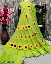 Indian Mehendi-colour Net saree with unstitched blouse, embellished with Moti work, perfect for festivals