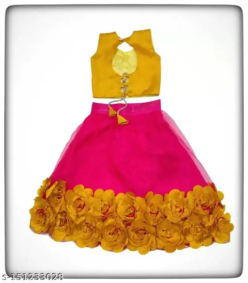 Embroidered net sleeveless lehenga choli, self-design Indian fashion accessory for toddlers (size 1-2 years, waist 25in, length 19in, dupatta 1.5in)