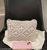 Handmade cream macrame clutch with tassel, textured fabric clutch, zip closure, free size - perfect for beach or casual outings