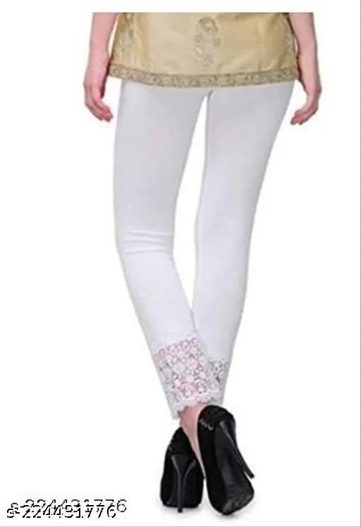 Minimus white lace leggings for women and girls, cotton lycra, dyed/washed leggings with waist size 32in, length size 37in, hip size varies