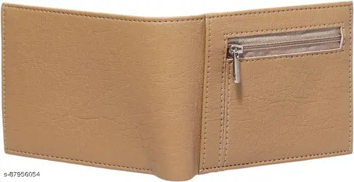 Beige PU leather men's wallet with chain coin pocket, 5 compartments, Indian-made gift for festivals