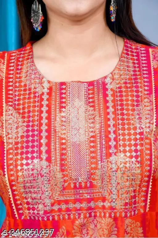 Festival Red Printed Rayon Anarkali Kurtis, Indian designer embroidery on three-quarter sleeve fashion for women's festivals wear