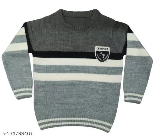 Acrylic striped boys sweater with embroidery badge, colorblocked design for 12-18 months