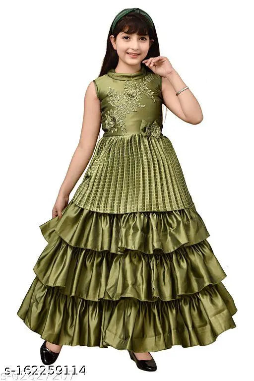 Green Silk Blend Solid Pleated Girls Gown - Pack of 1, featuring printed net design and sleeveless style. Perfect for special occasions, made from fine Blackberry silk blend fabric