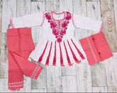 Girls' Chikankari cotton Anarkali sequinned frock suit with dupatta, embroidered long sleeves, knee-length churidar bottom. India origin