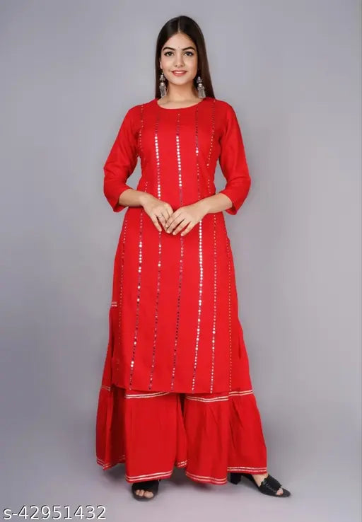 Red mirror embroidery rayon kurta set with sharara bottomwear, embellished net fabric for women's traditional Indian wear in three-quarter sleeves