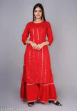 Red mirror embroidery rayon kurta set with sharara bottomwear, embellished net fabric for women's traditional Indian wear in three-quarter sleeves