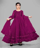 Pink printed net ethnic gown with dupatta, suitable for girls aged 5-16 years. Traditional Indian fashion wear." (122 characters)