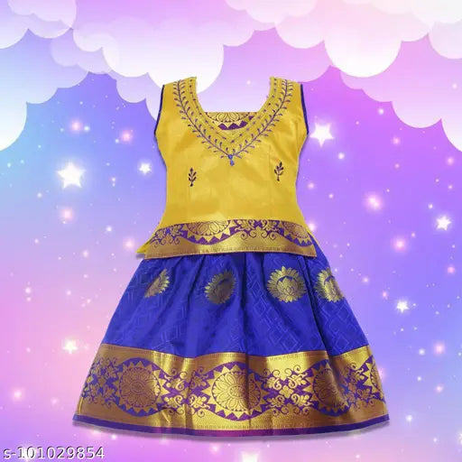 Cotton-silk Rani Pattu Leghanga Choli for Kids - Traditional floral design on short-sleeved lehenga & top, 5-8 years, Indian origin