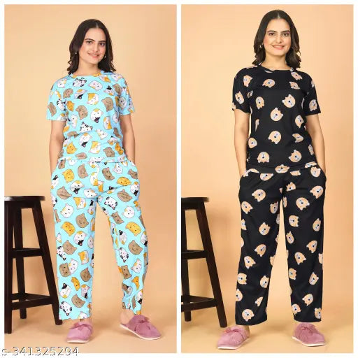 Premium quality women's printed top & pyjama set (N), polycotton fabric, short sleeves, pack of 2, Indian origin