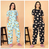 Premium quality women's printed top & pyjama set (N), polycotton fabric, short sleeves, pack of 2, Indian origin