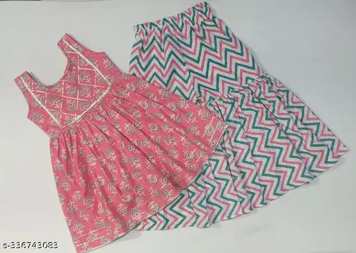 Kantha chic cotton kurti & sharara ensemble for girls aged 3-10 years, light pink and white Sanganeri Kantha print with intricate handcrafted embroidery