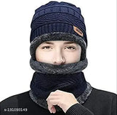 Soft wool & fur-lined unisex cap muff set (2pcs), protects from winter chill