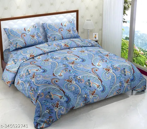Luxury soft, wrinkle-free cotton blend double bedsheet with 2 pillow covers (228x228 cm), botanical print, long-lasting, skin-friendly, fade-resistant, machine washable