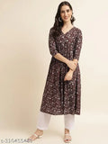Wine rayon Anarkali printed women's kurti with v-neck, three-quarter sleeves, and ethnic motifs. Suitable for parties and festive occasions. Made in India