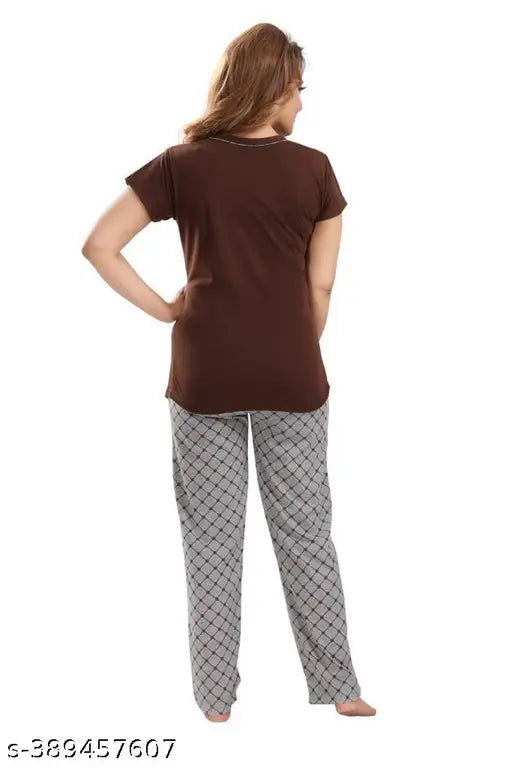 Brown hosiery cotton night dress suite, printed with summer motifs, perfect for comfortable casual wear or sleepwear