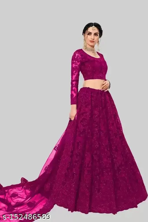 Embroidered heavy net lehenga choli and dupatta set, semi-stitched Indian bridal wear featuring intricate patterns