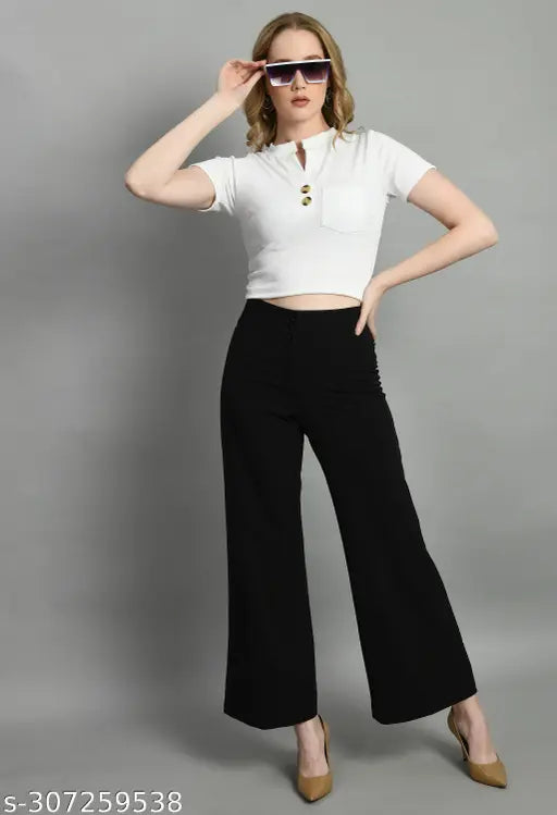 White Lycra short sleeve mandarin collar t-shirt for women, solid design, perfect for casual wear with jeans or skirts