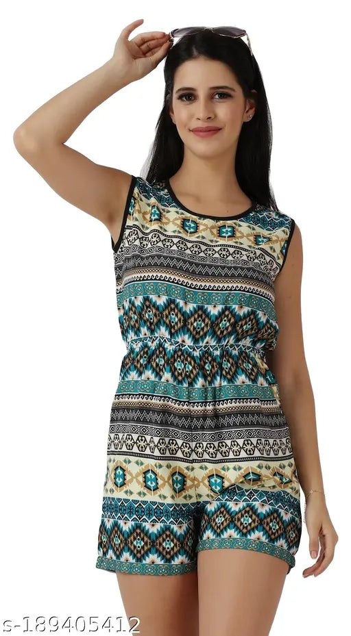 Red-pink printed net women's short jumpsuit on mannequin, made of superfine crepe fabric