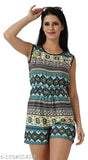 Red-pink printed net women's short jumpsuit on mannequin, made of superfine crepe fabric