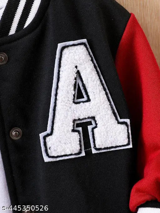 Stylish black and red kids letterman bomber jacket with "A" emblem, trendy striped cuffs and collar. Ideal for autumn outings, layering over shirts or tops. Available in sizes from 12-18 months to 9-10 years, made in India without T-shirt included