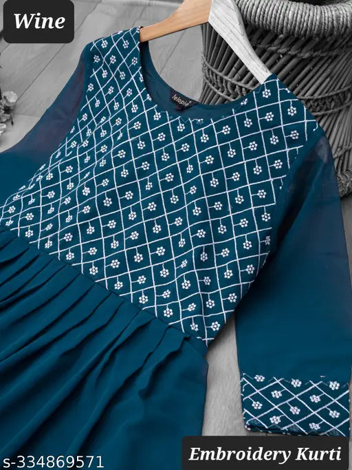 Georgette embroidered Anarkali kurti for women & girls (L - Bust 40in, Size Len 46in), casual occasion wear, hand wash