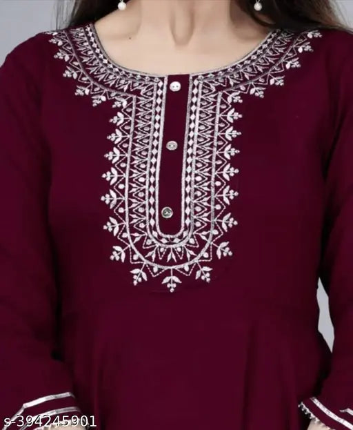 Maroon rayon Anarkali kurti with intricate embroidery, solid pattern, three-quarter sleeves - Indian ethnic women's fashion