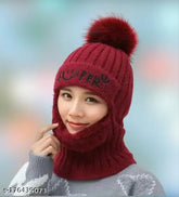 Comfortable & fashionable women's woolen soft cap & hat combo - snow-proof visor (winter wear). Premium quality, one-size, snow-proof, expandable material