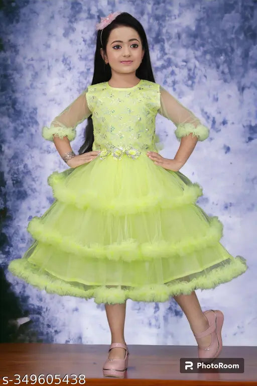 DancingYellow net party frock with printed pattern, three-quarter sleeve length for children aged 3-10 years