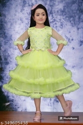 DancingYellow net party frock with printed pattern, three-quarter sleeve length for children aged 3-10 years