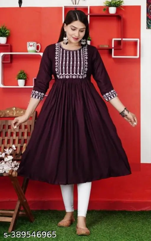 Trendy rayon embroidered Anarkali kurti, solid combo, three-quarter sleeves, Indian fashion clothing