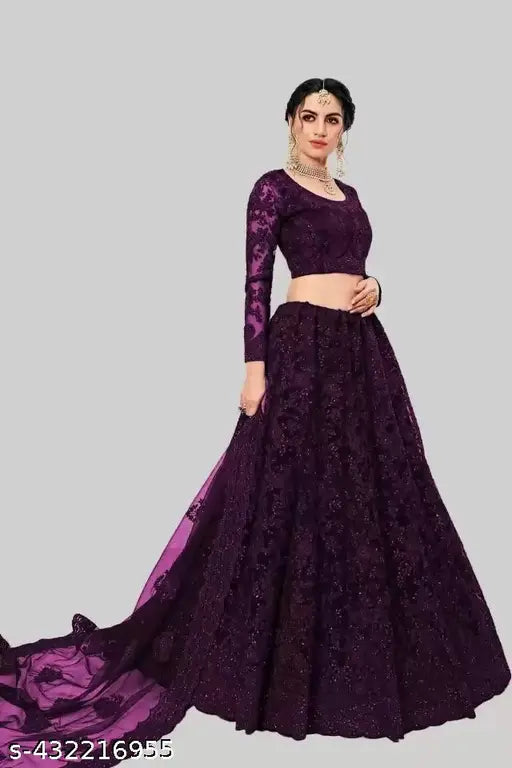 Purple embroidered net lehenga-choli set with embellished dupatta, semi-stitched (LW44, LL42, DL12), from India