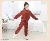 Stylish hoodie and wool pants set for kids, solid pattern winter wear in wool fabric