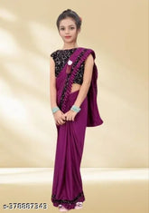 Striped poly silk saree for girls, traditional wedding wear with solid net blouse, Indian origin
