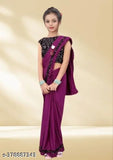 Striped poly silk saree for girls, traditional wedding wear with solid net blouse, Indian origin