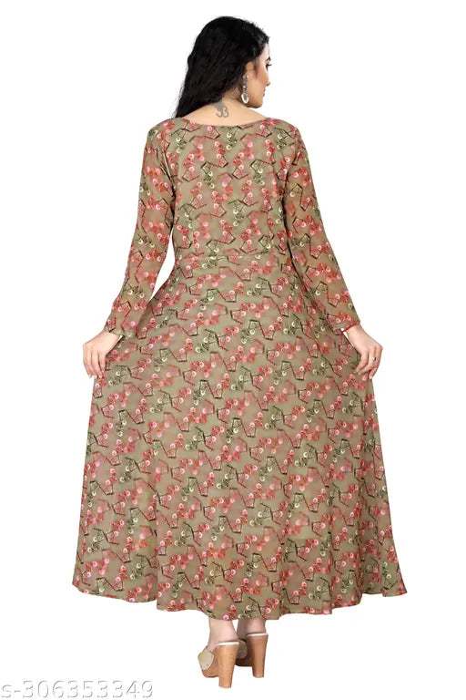 Digital print Georgette women's kurti with three-quarter sleeves, exclusive floral design, full-flared anarkali style. Big sizes available, country of origin: India