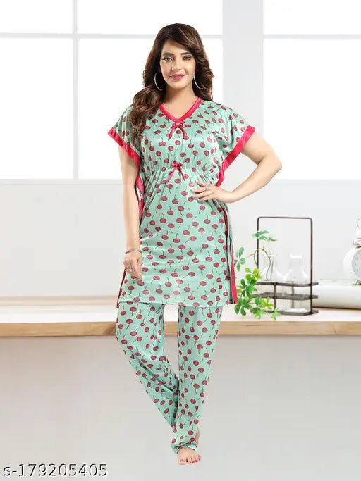 Berry print satin pyjama set, knee length kaftan style night suit with soft satin fabric for ultimate comfort and stylish relaxation