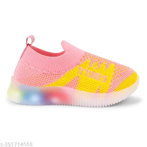 LED light shoes for kids, aged 18 months to 6 years, stylish polyester and PVC pair with slip-on fastening, available in various sizes from India