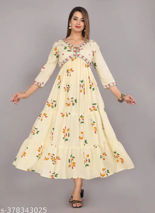 Anarkali printed rayon kurtas for women and girls, vibrant Indian embroidery on three-quarter sleeves