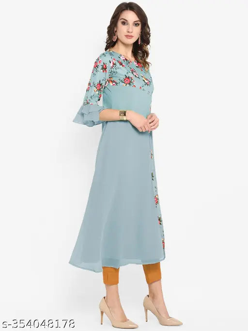 Blue poly crepe floral print A-line kurta for women, three-quarter sleeves, Indian origin