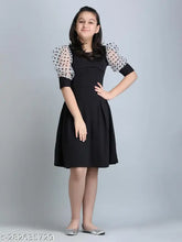 Black cotton blend round neck frock dress for girls, solid pattern, short sleeves, size 7-8 years, made in India