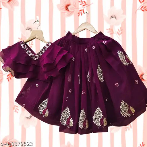 Embroidered Georgette lehenga choli for ethnic party wear in short sleeves, 2-3 years size, Indian origin