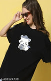 Stylish printed oversized black cotton T-shirt, long sleeves for women, size M