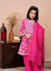 Rayon Anarkali Sharara Set with Printed Dupatta and Bottomwear, pink for girls aged 5-12 years, Indian origin