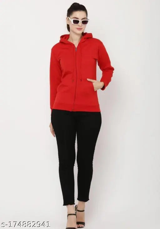 Red wine fleece zipper hoodie jacket, solid design for casual wear