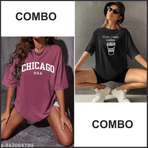 Trendy cotton blend printed oversized round neck t-shirt combo pack for women and girls, available in various sizes from XS to XL