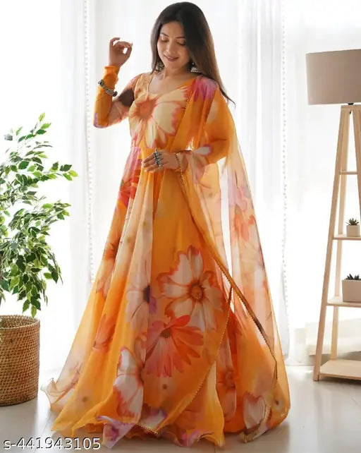 Orange Georgette full sleeve flared flower printed gown dress for traditional marriage wear with dupatta and inner